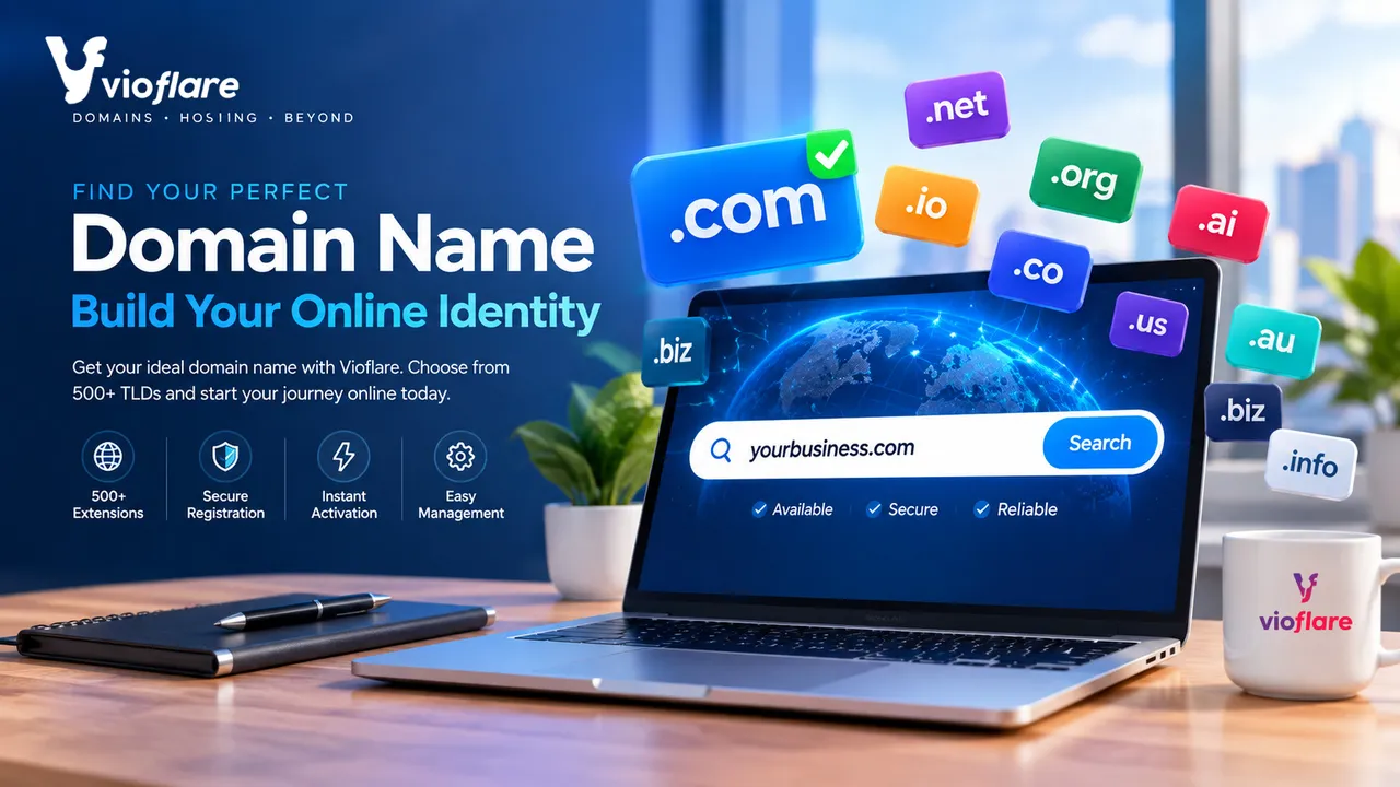 Vioflare domain search on a laptop surrounded by .com, .com.au, .net and .org extensions