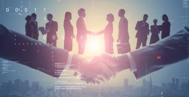 Business handshake over a city skyline, representing a domain transfer between registrars