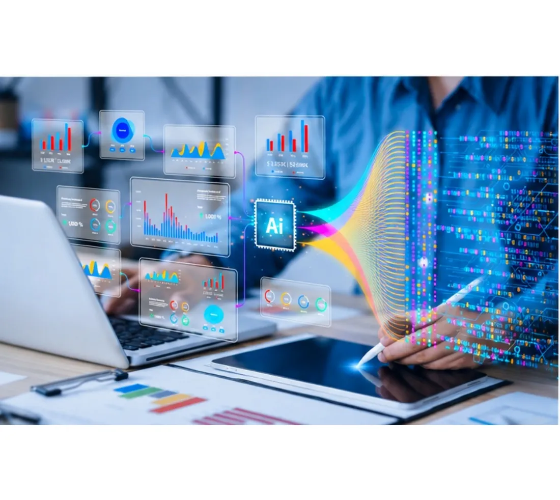 Automated workflow dashboards and analytics projected over a laptop